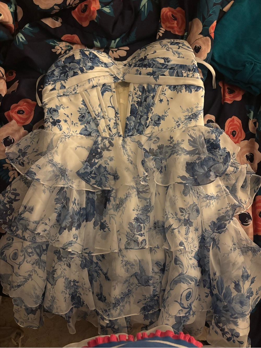 SHEIN Blue and White Floral Ruffle Party Dress for woman